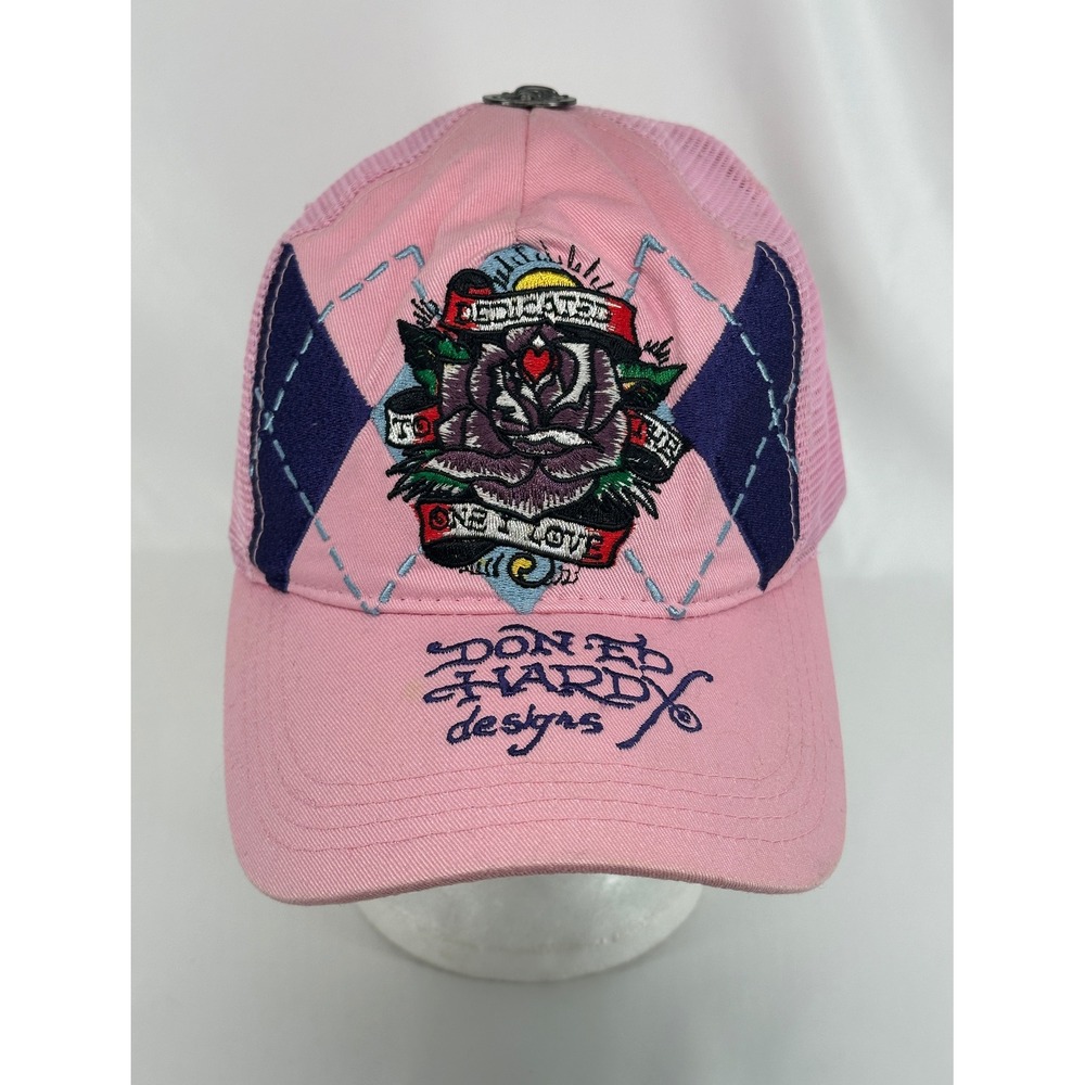 Ed Hardy Trucker Hat Womens OS Pink Rose Embroidery Y2K Mesh Snapback Cap